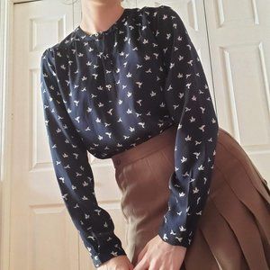Navy blue origami long-sleeved 3/4 button-up top / victorian inspired / preppy